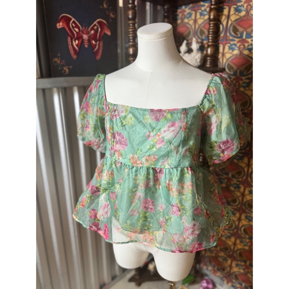 Honey & Sparkle XL Floral Top Puff Sleeve Peplum‎ Blouse Square Neck Green Pink